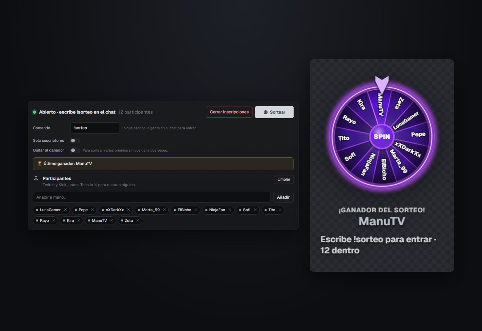 Sorteo del chat en SilverCount: lista de 12 participantes que escribieron !sorteo y la ruleta con sus nombres mostrando al ganador, ManuTV.